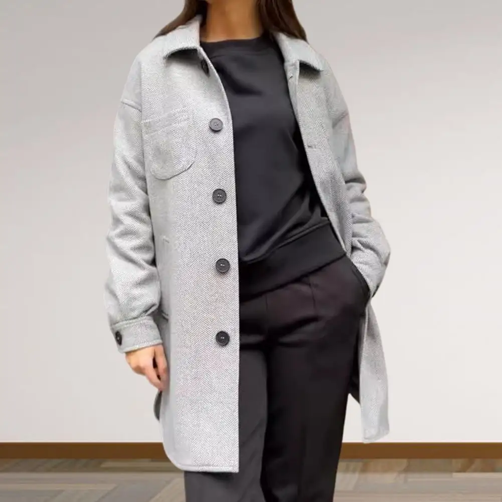 

Women Wool Blend Jacket Notched Lapel Coat Stylish Women's Winter Coat with Turn-down Collar Pockets for Commuting for Weather