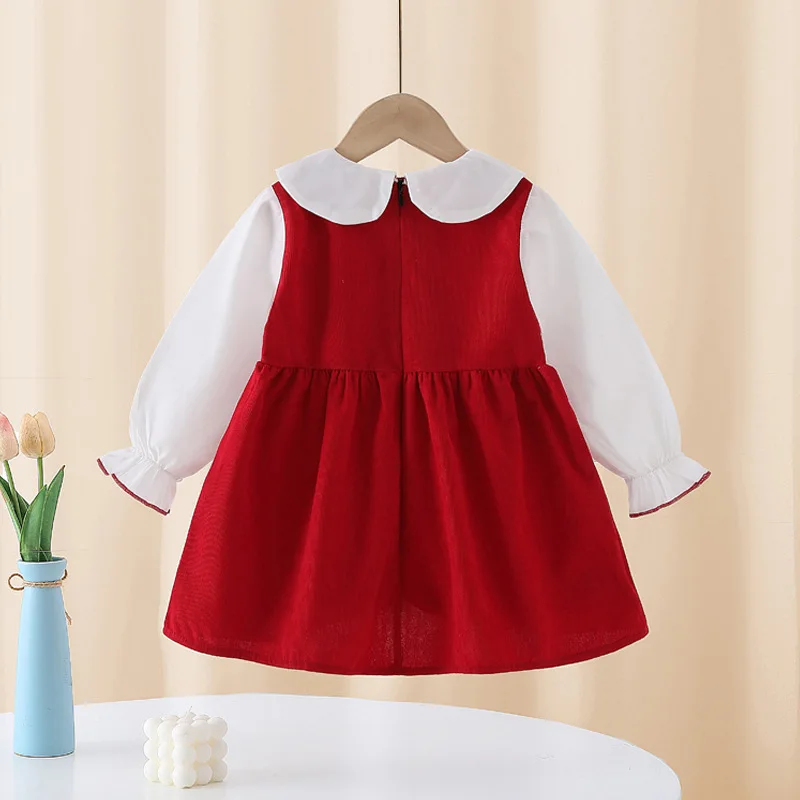 Girls Casual Dresses Long Sleeves Skirt with Baby Doll Collar Lovely Flower Design Siimple Style Kids Outfit Autumn Spring