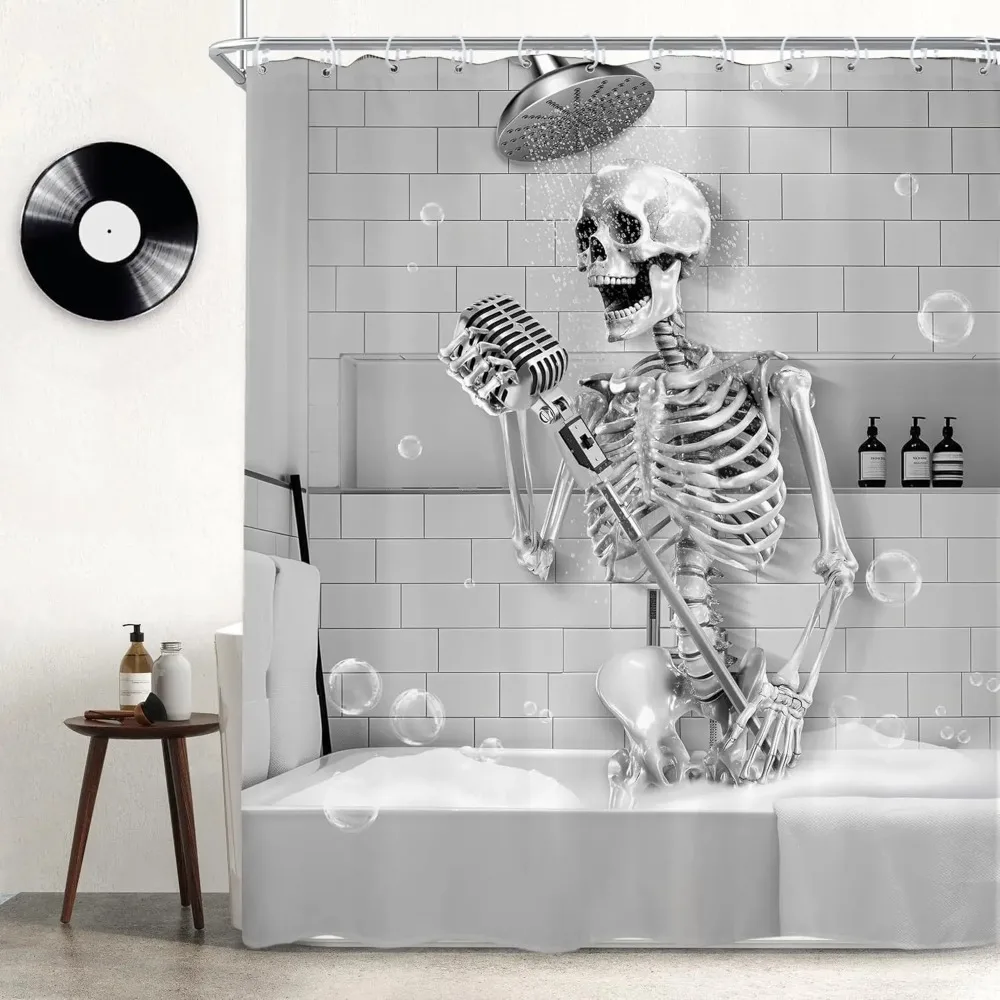 

Funny Skull Singing in Bathtub Printed Shower Curtain Rustic Gothic Skeleton for Bathroom Decor