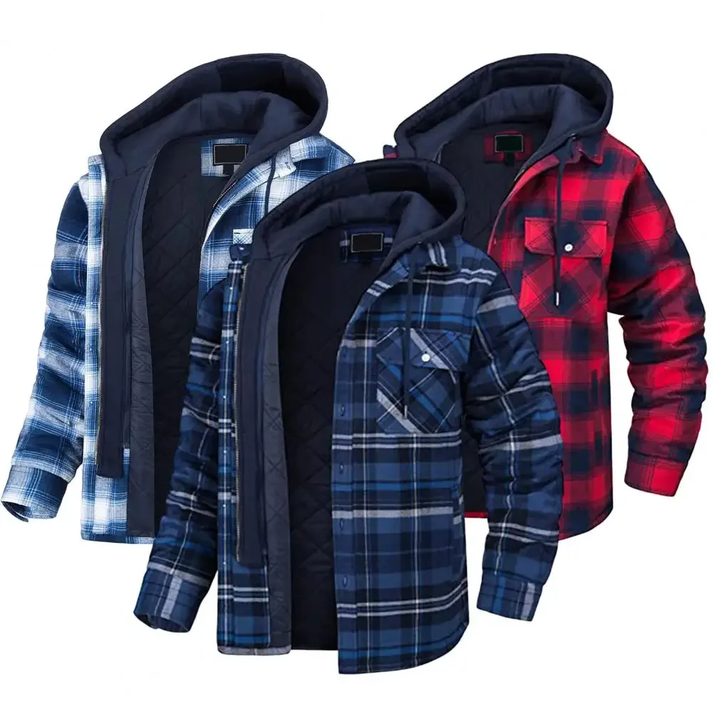 Winter Men's Hooded Jacket Drawcord Fashion Men's Thickened Hooded Cotton Windproof Parkas Plaid Shirt Casual Jackets for Men