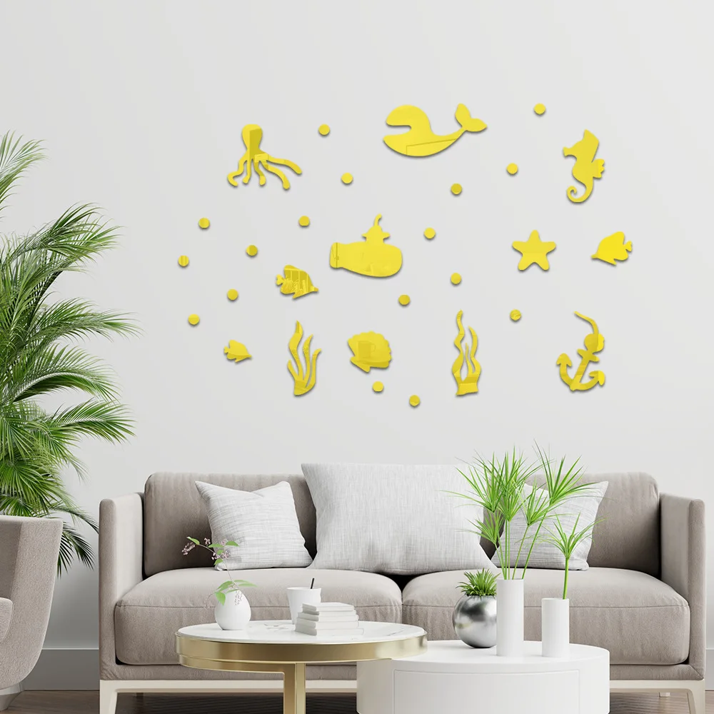 Marine animal acrylic Mirror Wall Stickers children's room Bathroom Wall Decoration Self-pasting Drawing paper Bedroom wallpaper image 2