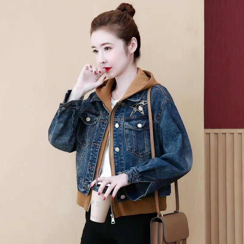 Hooded Denim Jacket Fashion Spring Autumn Women Short Jean Coats Loose Casual Long Sleeve Tops Zippers Sequins Female Outerwear