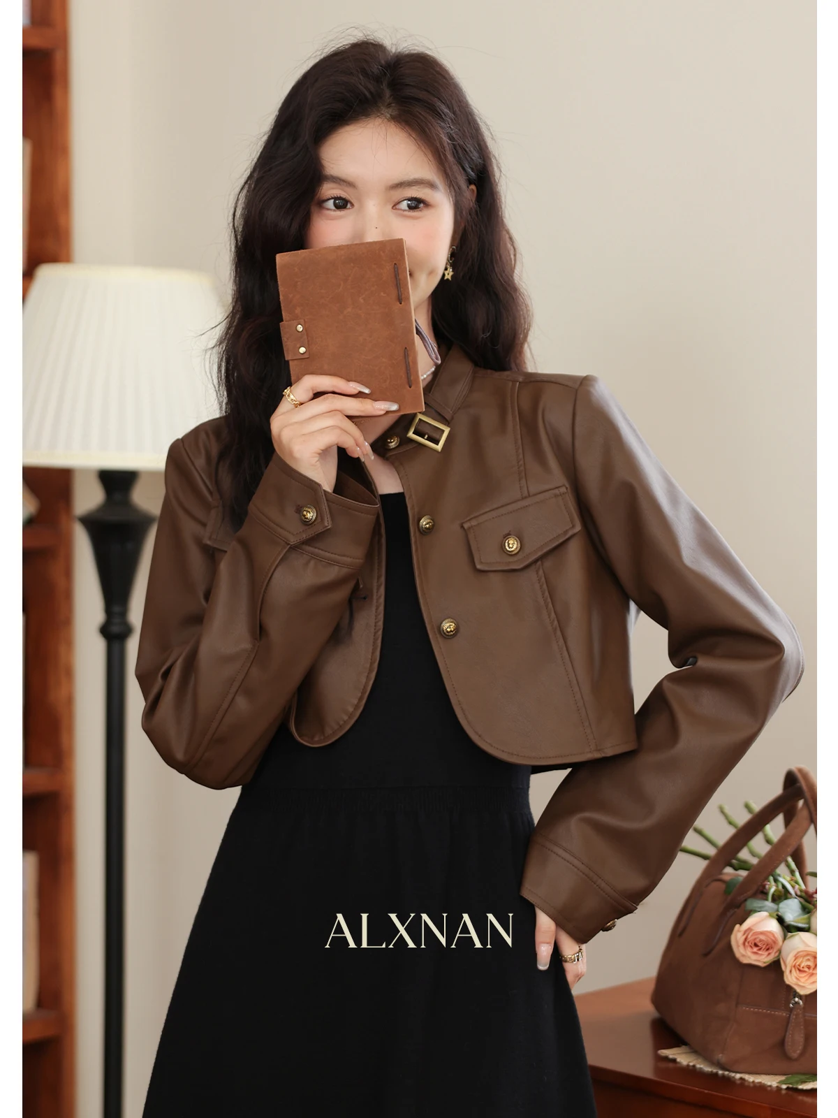 Alxnan casacos de couro marrom feminino curto elegante casual jaquetas de couro 2025 outono inverno manga longa topos feminino lxn32260py