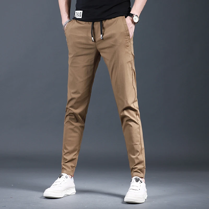 Men\'s Slim Fit Elastic Waist Black Pencil Pants Summer Fashion Casual Sport Drawstring Jogging Trousers