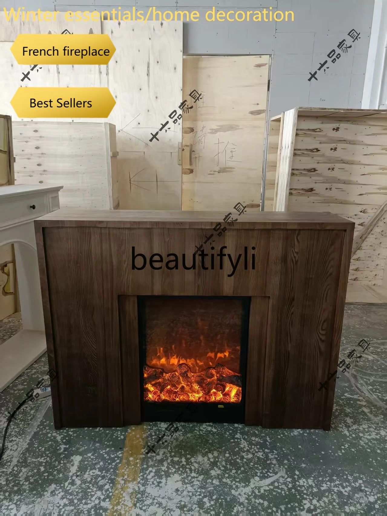 A95 French Vintage Style Solid Wood Fireplace Mantel American Retro Entryway Cabinet Quiet Background Wall Decorative Cabinet