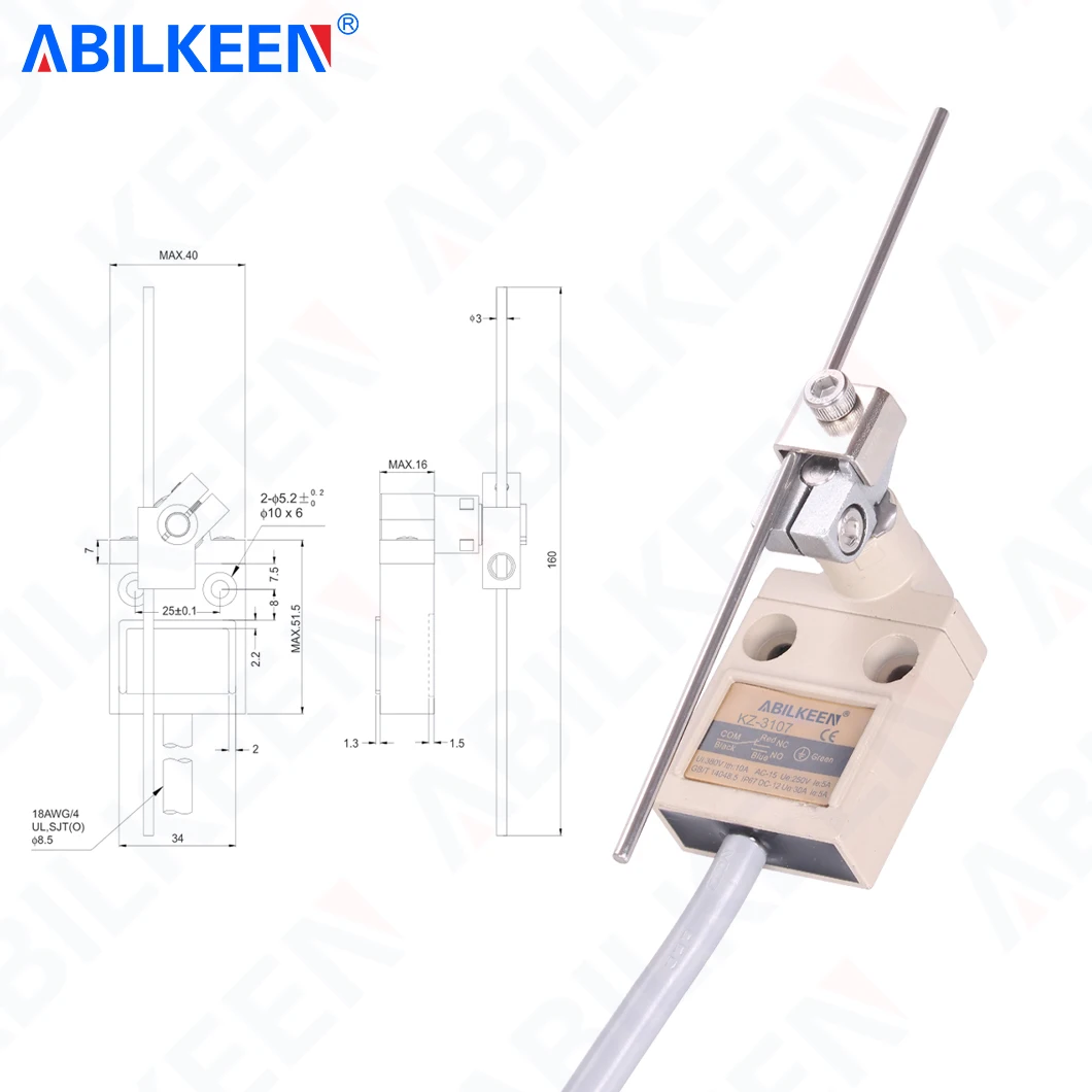 ABILKEEN KZ-3107 Adjustable Rotary Swing Rod Limit Travel Switch IP68 Waterproof 1NO1NC Terminal 250VAC5A Momentary Limit Switch