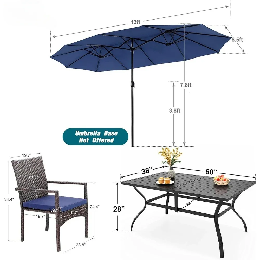 7 Piece Patio Dining Furniture Set, 60” Rectangular Metal Dining Table & 6 Cushioned Rattan Wicker Chairs ,Garden Furniture Sets image 2