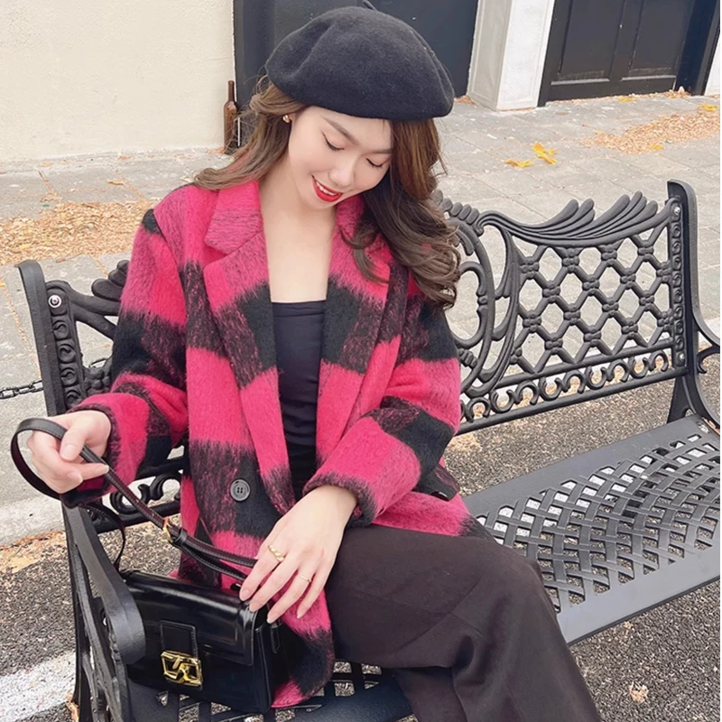 UNXX Loose Vintage Plaid Woolen Coat Women's Winter 2024 New Short Petite Thick Wool Coat Female Office Lady Top High Quality