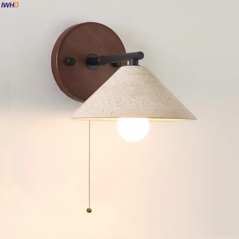 

IWHD Vintage Wabi Sabi LED Wall Sconce Lamp Pull Chain Switch Yellow Travertine Bathroom Mirror Stair Lights Decoration Wandlamp