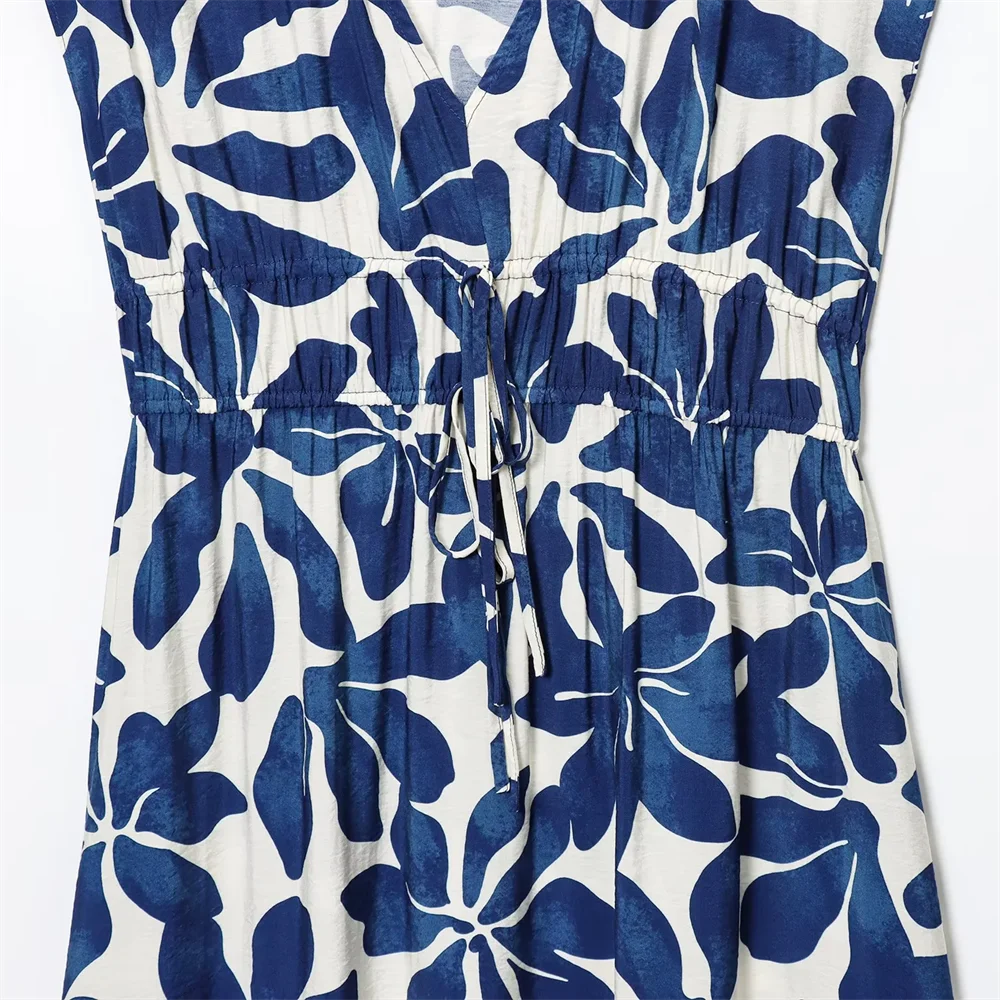 BM&MD&ZA2025niche temperamento decote em V sem mangas plissado cintura design flor impressão vestido verão novas roupas femininas