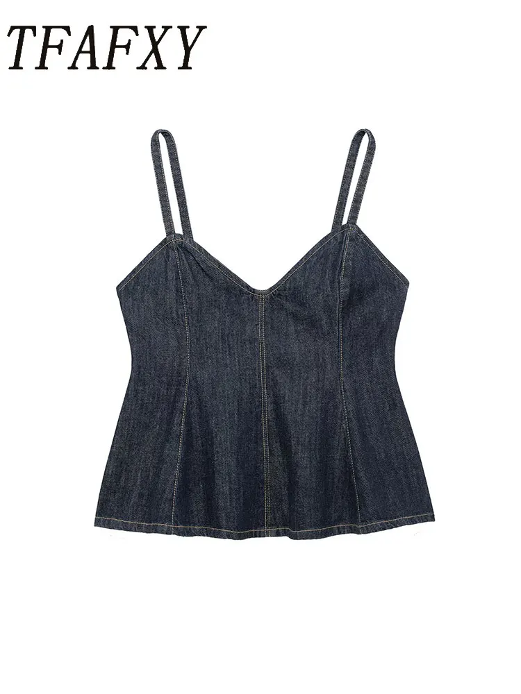 2023 frühling Sommer Denim Plissee Kurze Tops für Frauen Backless Sexy Crop Top Mode Straps Ärmellose Tank Tops ﻿ ﻿