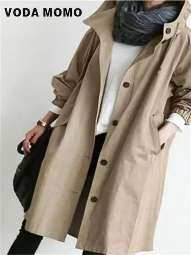 Imagen 1 del producto 2023 primavera otoño Casual moda coreana con capucha medio largo abrigo suelto a prueba de viento mujeres gabardina Color sólido bolsillo