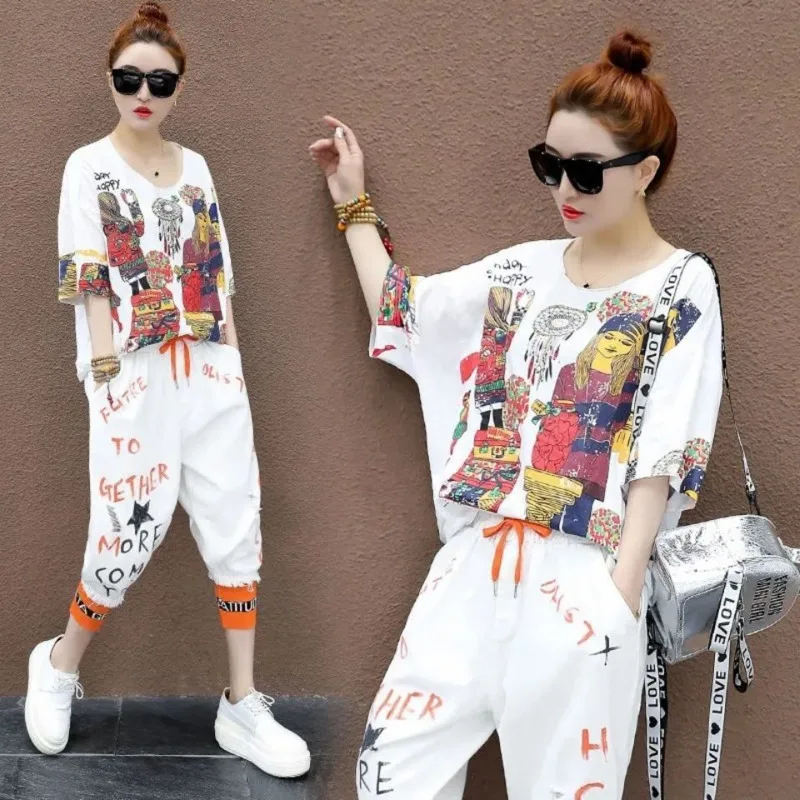 Women\'s Suit Summer Short Sleeved T-shirt And Harem Calf-Length Pants 2022 New Fashion Korean Loose Leisure Sports Two Piece Set