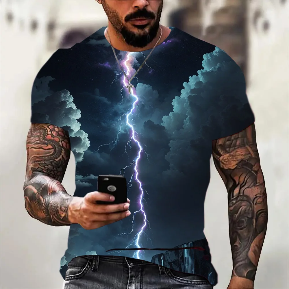 

Men's 3D Natural Scenery Lightning Printed T-Shirts Summer Street Fashion Oversized Tops 2024 New Casual Style Trend T Shirt