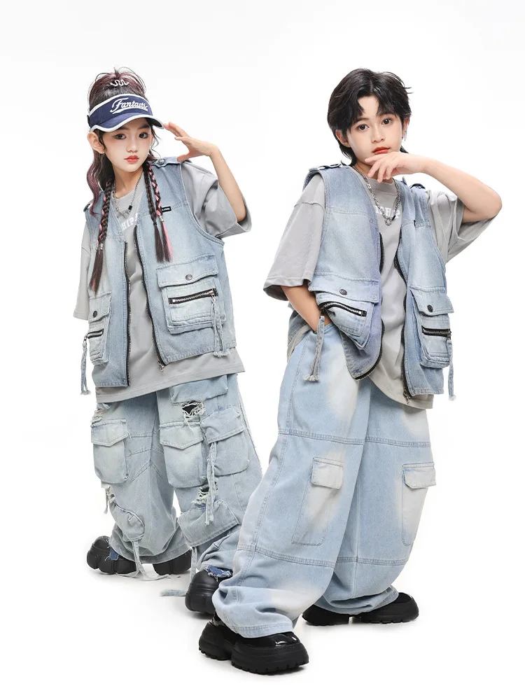 Hip hop meninos camiseta retro denim colete rasgado jeans meninas streetwear calças de carga crianças roupas de dança rua crianças traje palco