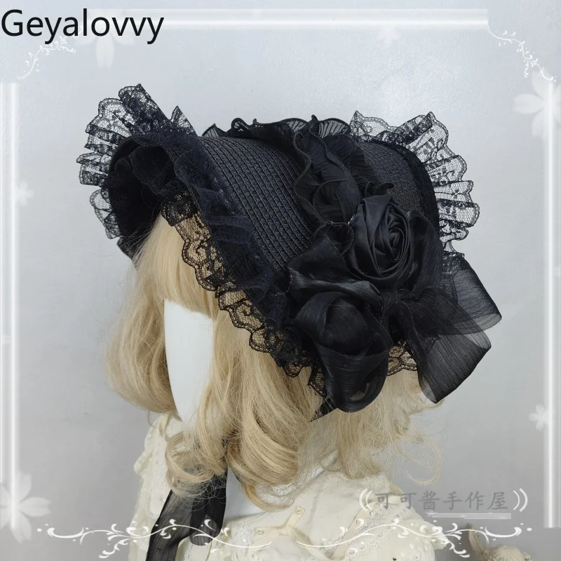 일본 오리지널 수제 다크 로리타 밀짚 모자 스위트 걸스 코스프레 블랙 그레이 레이스 캡 고딕 레이스 업 태양 모자