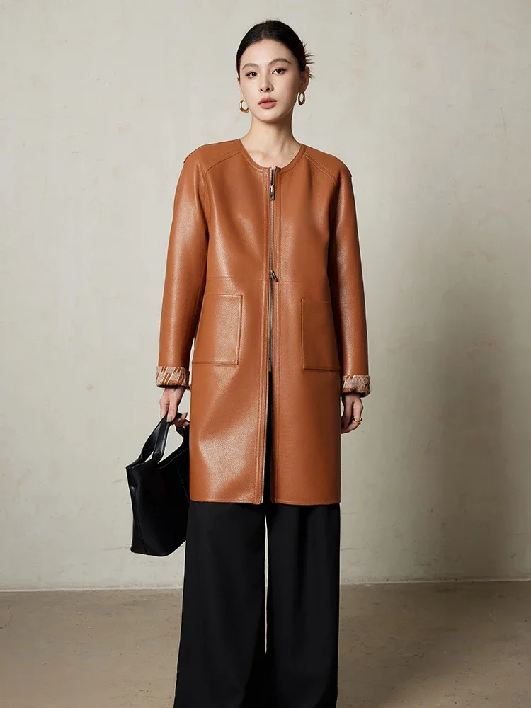 

O-neck Long Genuine Leather Jacket for Women Autumn Winter High-end Simple Reversible Knitted Cashmere Real Goatskin Trench Coat