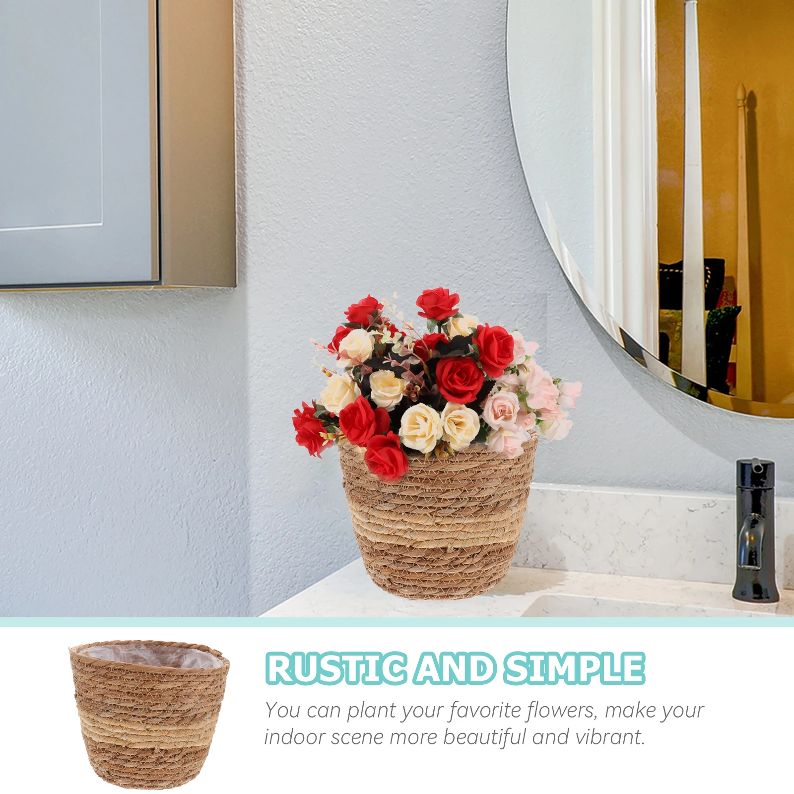 

Woven Flower Straw Planter Indoor Container 18cm Durable Home Decor Garden Flower Baskets Plant Pot Garden Storage