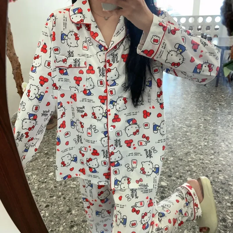 Kawaii Sanrio Hello Kitty Pajamas Women's Spring and Autumn Long-sleeved Trousers Pure Cotton Cartoon Girl Home Wear Set