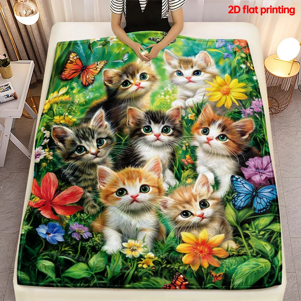 Multi Color Kitten Wild Flower Butterfly Green Grass Print Flannel Throw Blanket Soft Warm Cover For Sofa Bedroom Pet Decor Gift