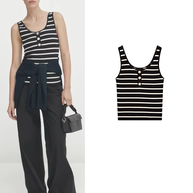 MD Women's 2024 New Small Fragrance Style Tight Gold Buckle Strap Stripe Vest Top T-Shirt Commute Style Polyester Fiber 100%