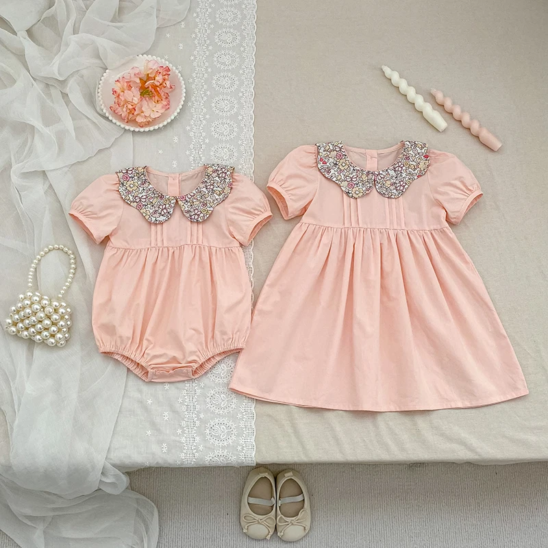 2026 Summer 0-24M Baby Girl Embroidery Collar Bodysuit 2-6Yrs Kid Sweet Party Short Sleeves Cotton Dress Pink Sister Dress