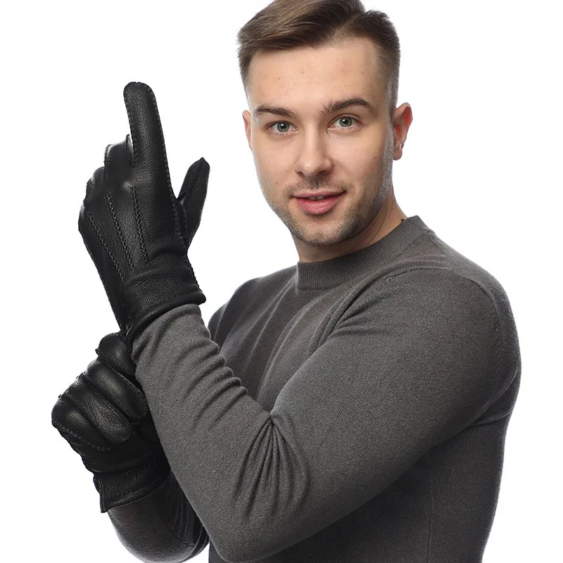 Men's Imitation Deerskin Gloves Outdoor Velvet Thickened Winter Warm Finger Locomotive Winter Outdoor Gloves