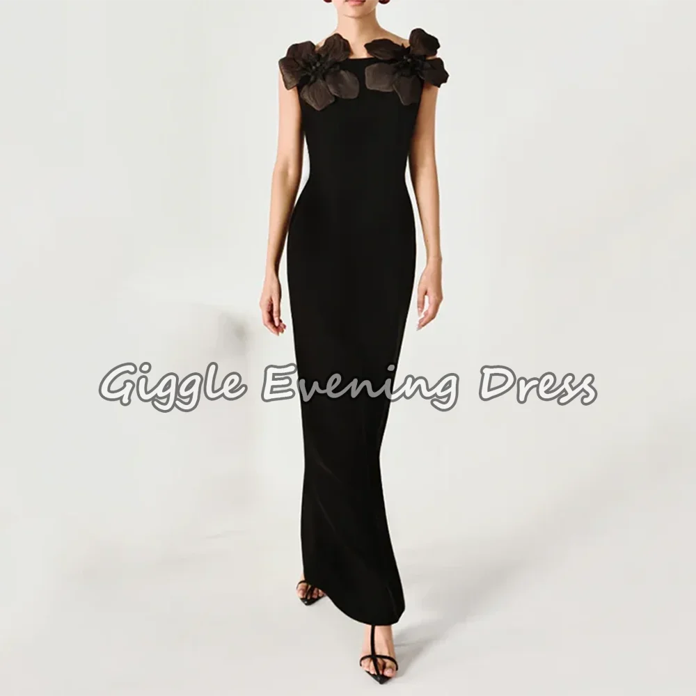 

Black Scoop Neck Evening Dresses Customized Exquisite Flower Party Dress Side Leg Fork Straight Floor Lenght Formal Prom Gowns
