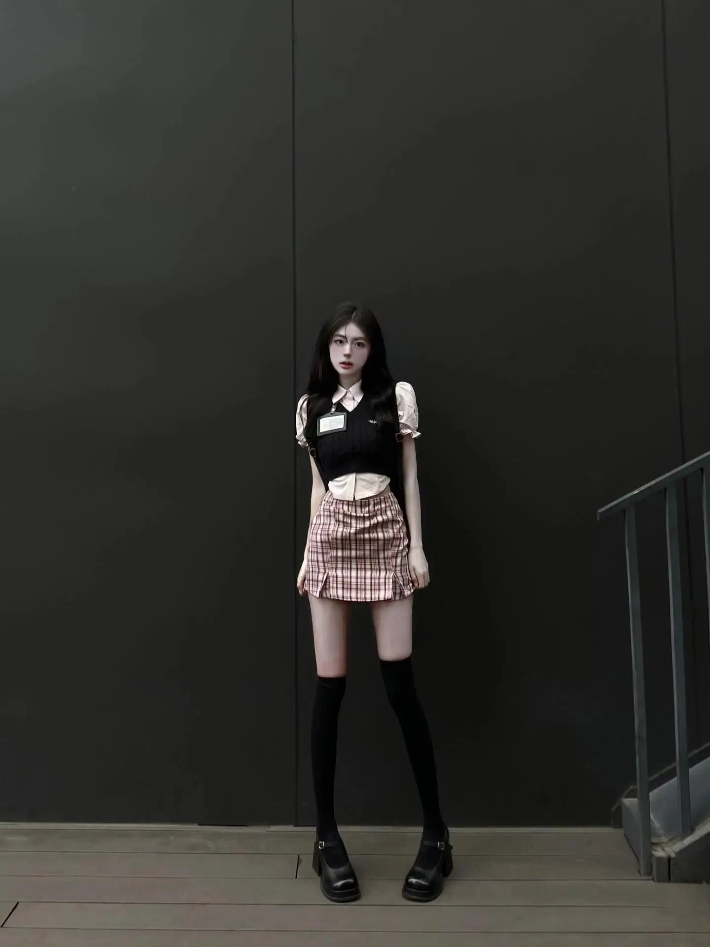 

Korean Style Summer Shirt Vest Waist Cinched Plaid Skirt Three Piece Set Light Pink School Uniform Workwear Student Outfit
