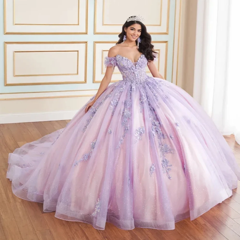 

EVLAST Customized Shiny Lilac Quinceanera Dress Ball Gown 3D Floral Applique Beaded Corset Sweet 16 Vestidos De 15 Anos E3Q97