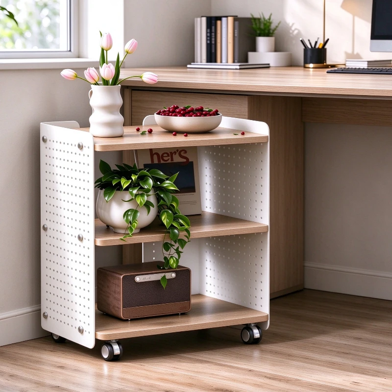 Desktop Pegboard Bookshelf with Multi Layer Storage, 360 Degree Swivel Casters plus Customizable Organizer Space for Office