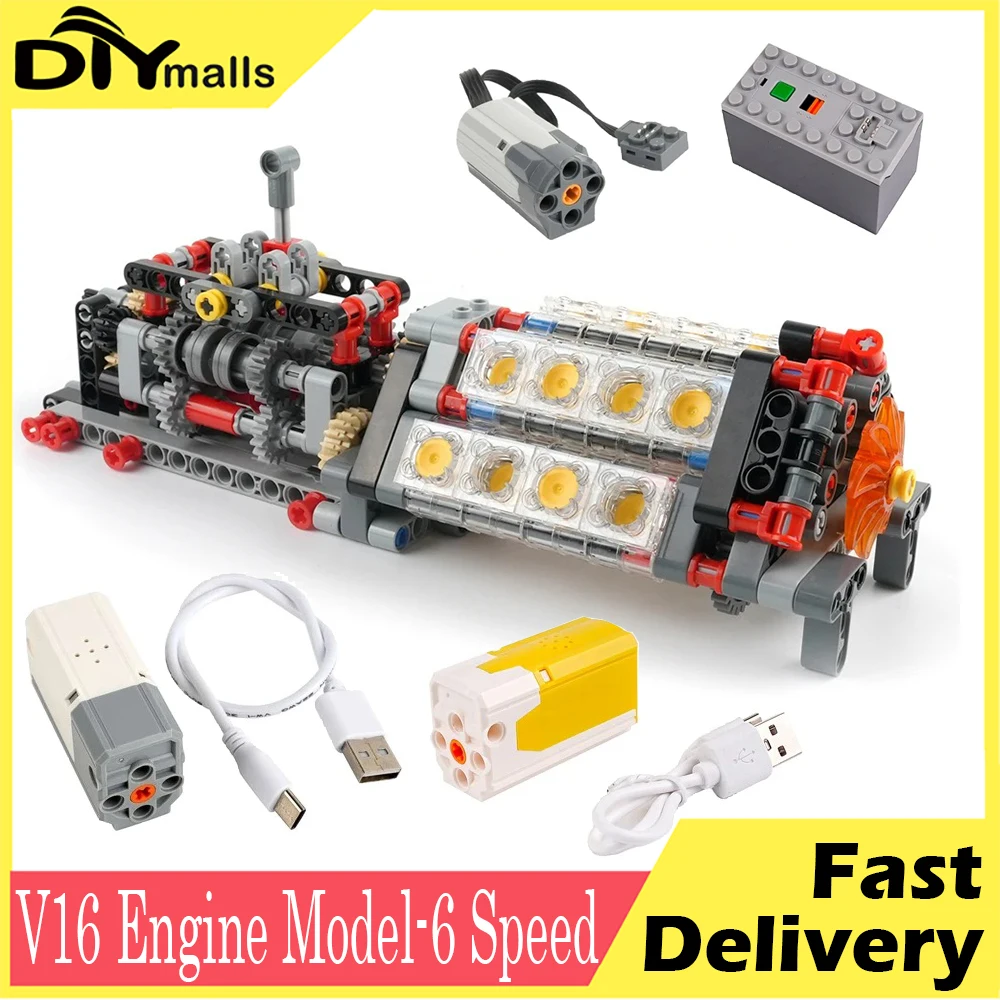 Model silnika MOC V16, techniczny, 6-biegowa skrzynia biegów, silnik z napędem APP, silnik M, pojemnik na baterie AA, klocki konstrukcyjne, kreatywna zabawka elektryczna DIY