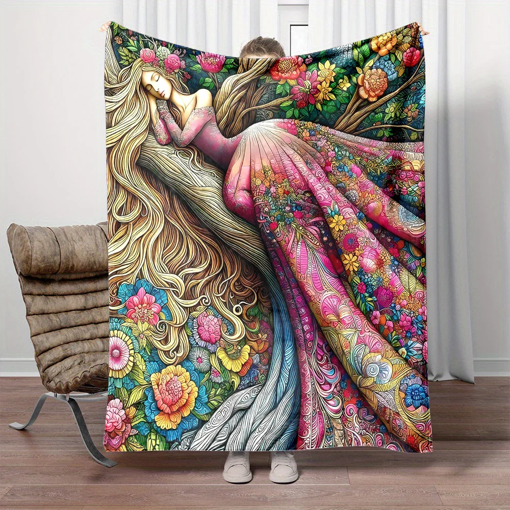 Floral Print Women in Dress Lying in Flowers Design, Mixed Color, Polyester, No Embellishments, Digital Print, Flannel, Contempo