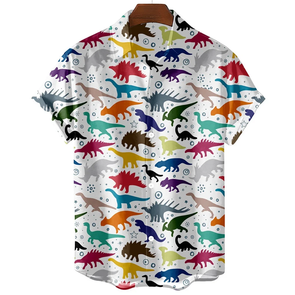 

Black and White Hawaiian T-Shirt Men Shirt Cute Dinosaur Print Men's Clothing Shirt Lapel Oversized Short Sleeve Fashion Shirt