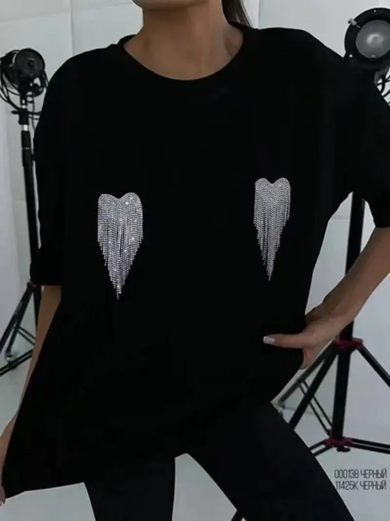 High Quality Cotton Summer Heavy Love Hot Drill Harajuku Oversized T Shirt Women Short Sleeve Diamond American Fashion Loose Top