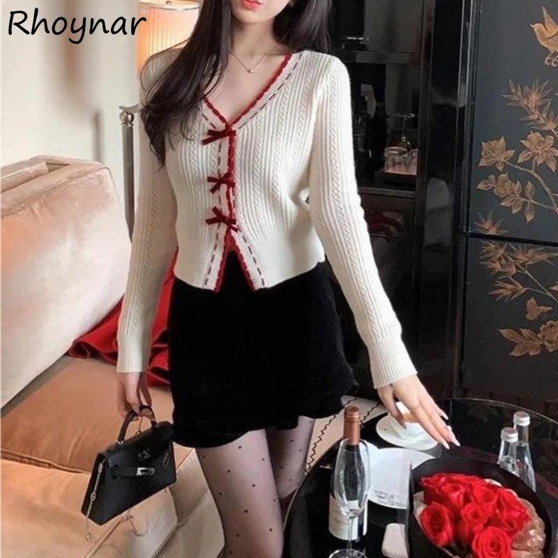 

Cardigans Women Autumn Spicy Female Bow Button Design Fashion V-neck Crop Tops Knitted Sweater All-match Casual Korean Style Ins