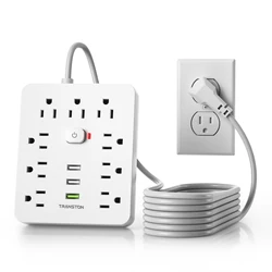 TRANSTON Power Outlet with Surge Protector, 9 power strip 3 USB Ports, 10ft Extension Cord, Quick Charge, For Home and Offic