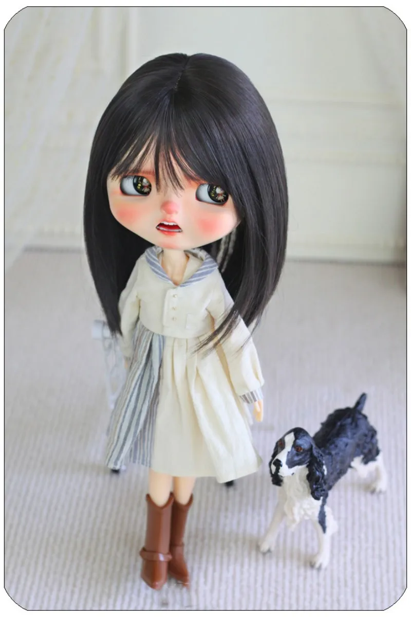 Blythe size medium long hair inside buckle Pear flower wig high temperature silk ultra-thin bangs doll accessories