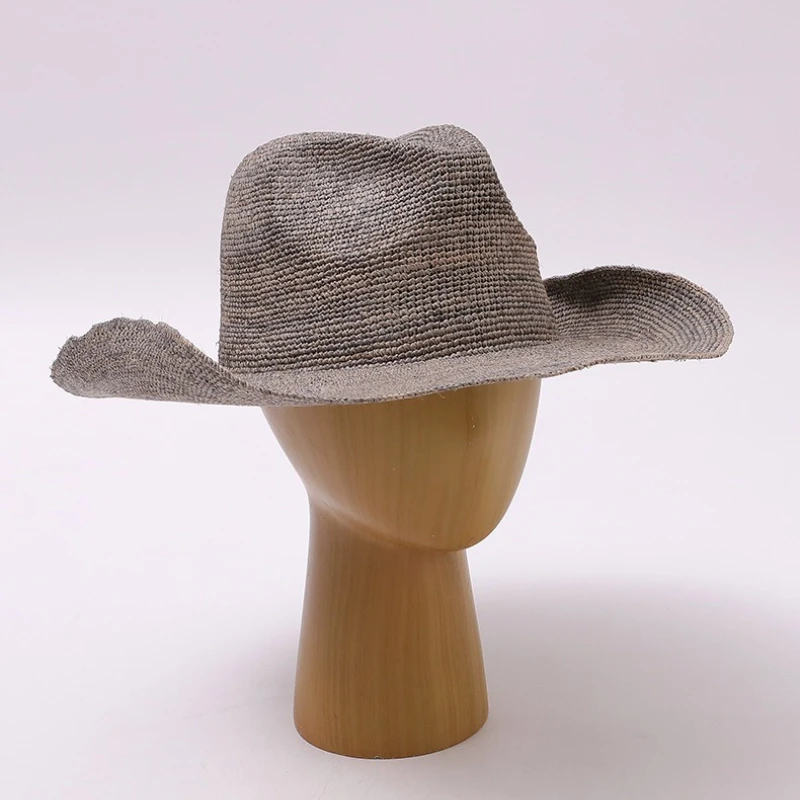 Hand-crocheted Natural Raffia Straw Cowboy Hats for Women Men Summer Wide Brim Sun Hat Outdoor Breathable Beach Jazz Sombrero