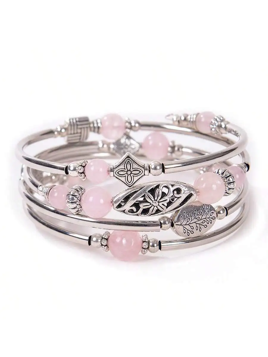 

Bohemian Style Alloy Wrap Bracelet With Pink Stone Beads Layered Multi Circle