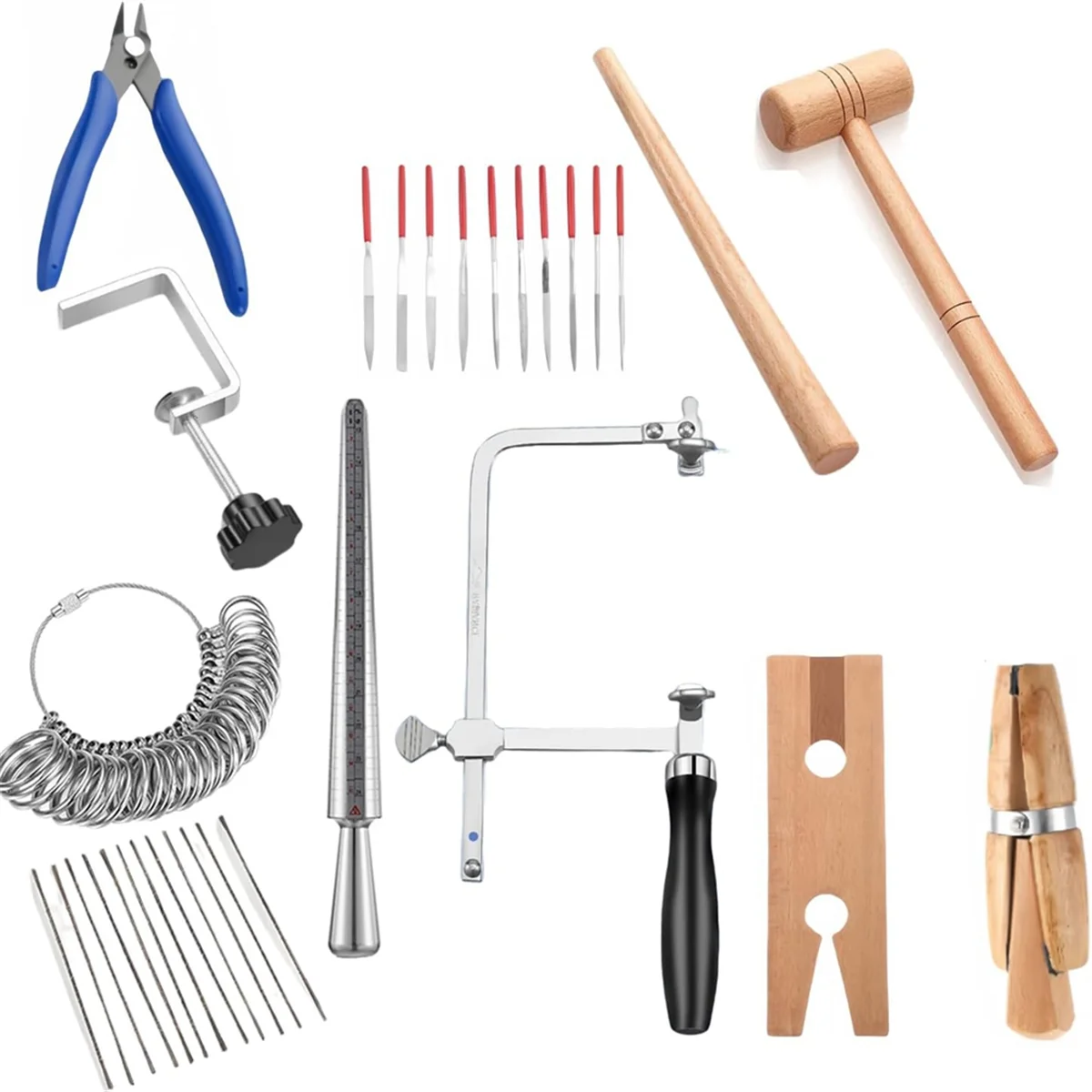 

A79G Jewelry Making Tools Set: Ring Clamps,Jewelry Sizers,Mandrels,Saw Frame, Clamps, Files, Mallet Hammer & Stick for Adults