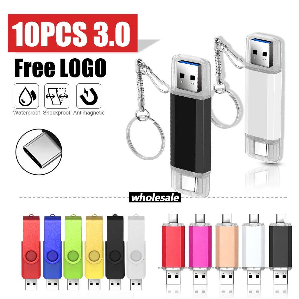 

10 шт. высокоскоростной флэш-накопитель TYPE-C USB3.0, 128 ГБ, ручка реальной емкости, 64 ГБ, бесплатный брелок, карта памяти, креативный бизнес-подарок