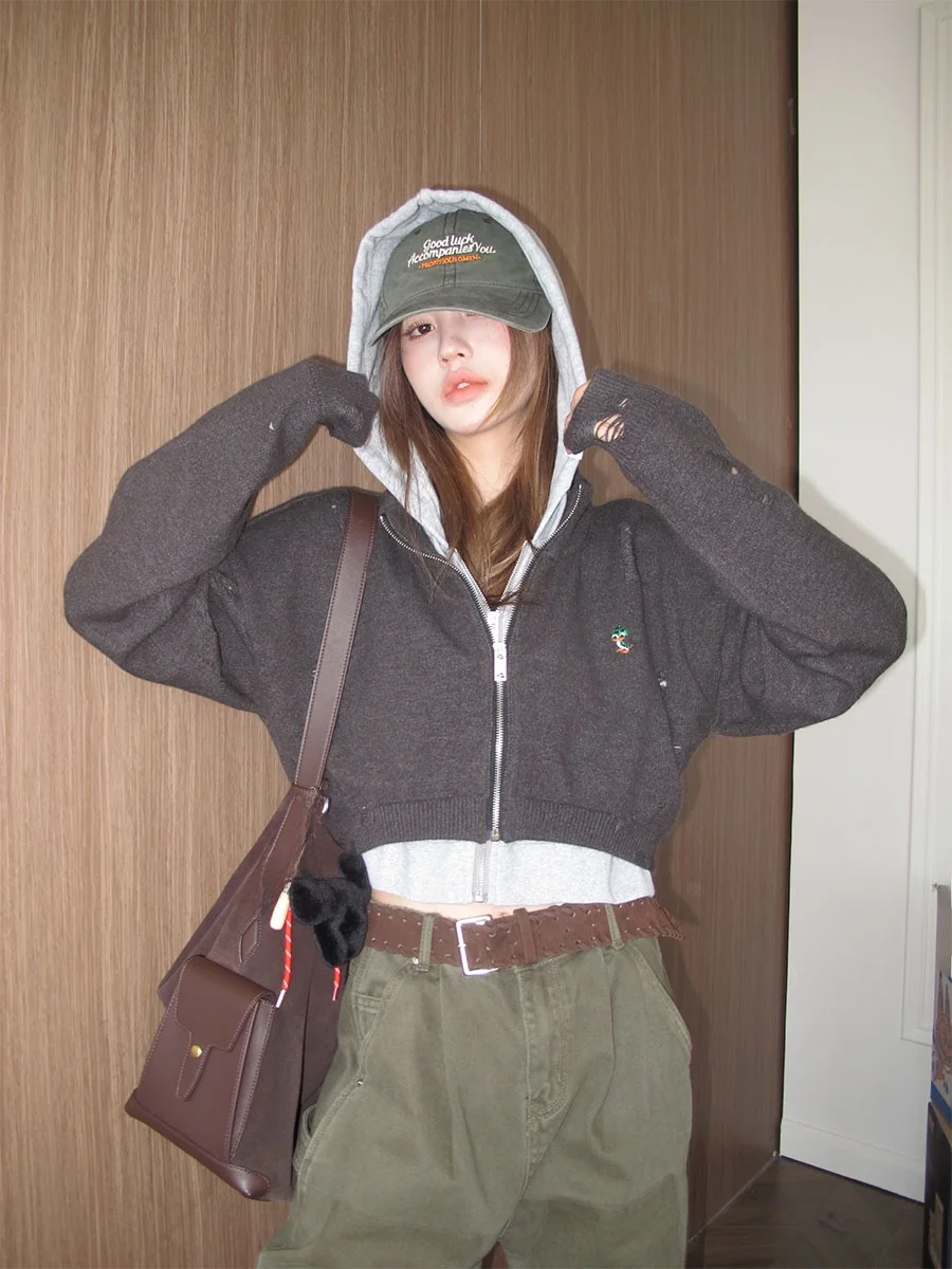 

ay Hooded Knitted Sweater Jaet Women's Sle Autumn Small ence Design Fake Two-Piece Long Sve Early Autumn Chic Top