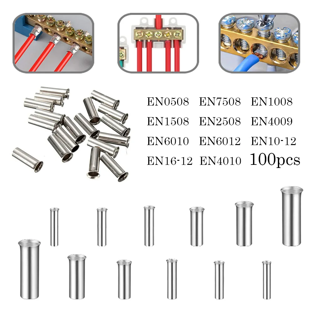 100pcs Butt Wire Connector Uninsulated Ferrules Electrical Cable Terminal Bare Tinned Crimp Terminal 0.5-16mm2