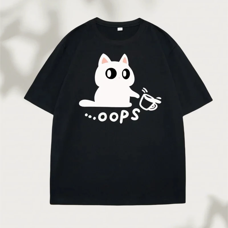 Camiseta divertida con estampado de gato negro Meow Meow para mujer ropa informal de calle con cuello redondo camiseta