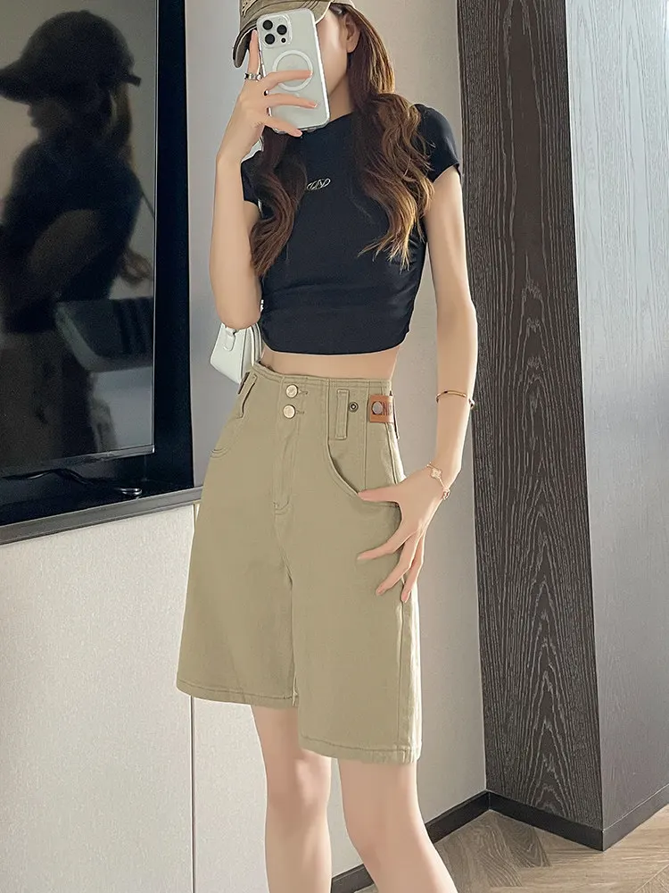 Short en jean droit pour femmes, ample, fin, double bouton, taille haute, mode, polyvalent, jambes larges, pantalon cinq quarts, été