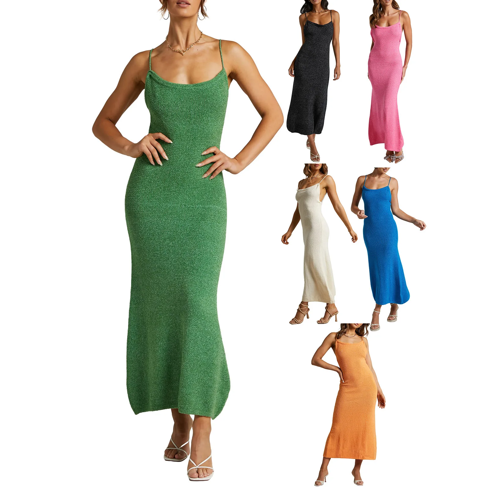 Women's Summer Slim Long Dress Ladies Solid Color Sleeveless Low Cut Sexy Knit Spaghetti Strap Dress Beachwear