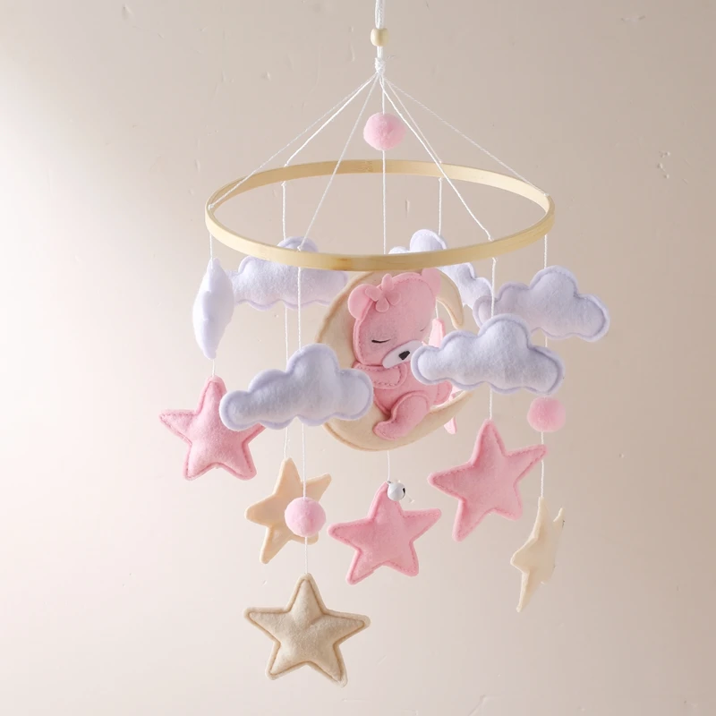 Bebê Cama de madeira Bell com suporte, Berço Chocalhos, Soft Felt Cartoon Urso Brinquedos, Cabide, Brinquedo de madeira, Kid Presentes