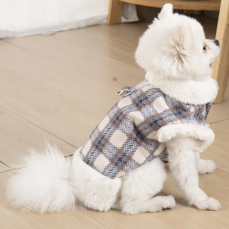 Dog Autumn and Winter Coat Warm Clothing Suede Thickened Plush Can Be Connected To Traction Clothes Teddy Cat Pet Clothing