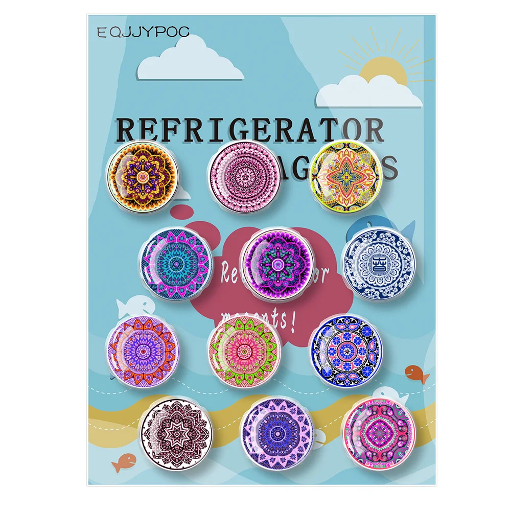 

Retro Mandala flower Fridge Magnets datura Round Glass Magnetic Refrigerator Stickers Note Holder Home Accessories 12pcs 30mm